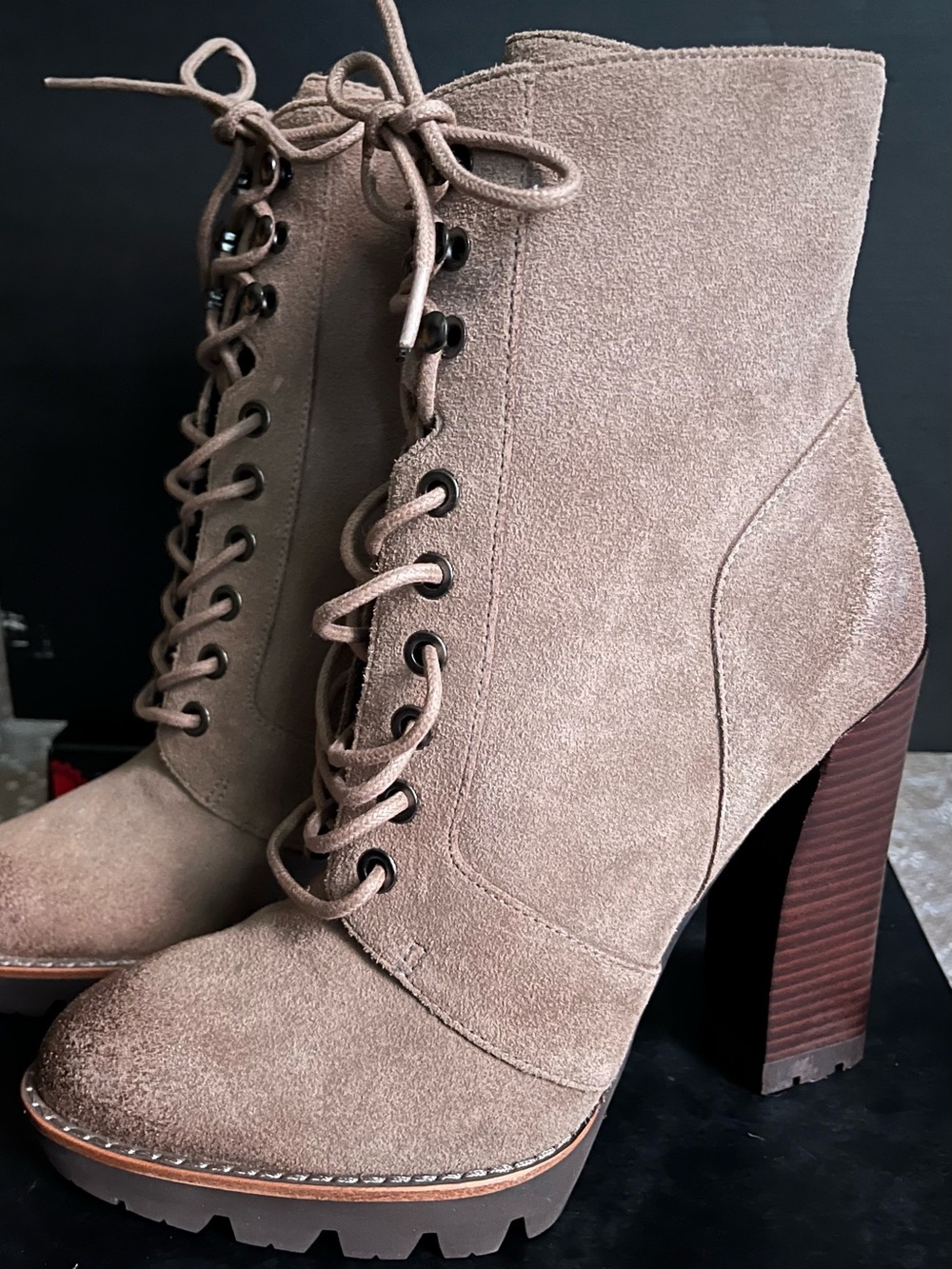Kenneth-Cole Women’s Lace-Up Suede Ankle Boots in Taupe